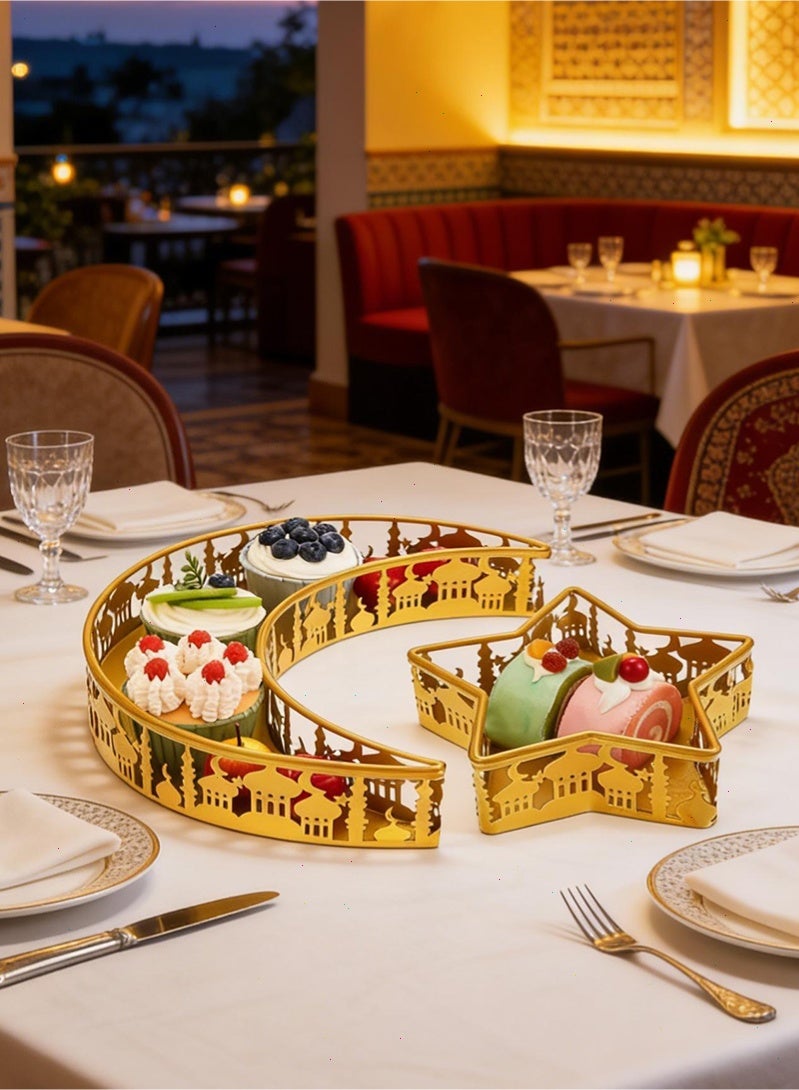 Topyich Ramadan Tray - 2Pcs Gold Moon Star Iron Ramadan Decoration Plates, Serving Tray for Candy Pastry Snacks, Holiday Party Home Decor - Image 4